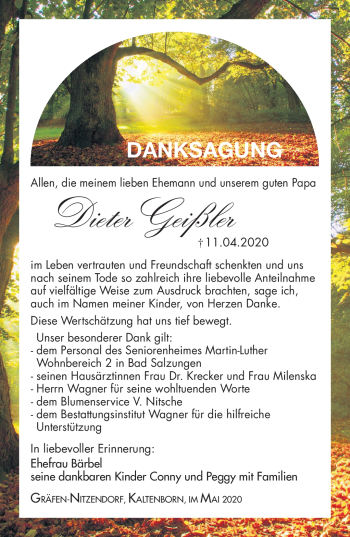 Traueranzeige von Dieter Geißler von Südthüringer Presse
