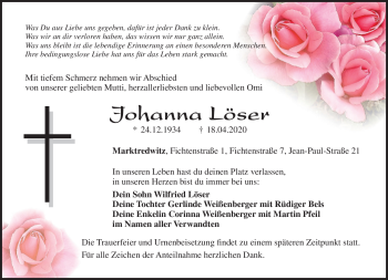 Traueranzeige von Johanna Löser von Frankenpost
