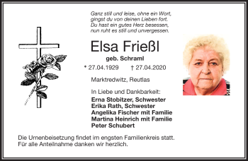 Traueranzeige von Elsa Frießl von Frankenpost