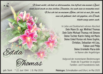 Traueranzeige von Edda Thomas von Südthüringer Presse
