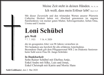Traueranzeige von Loni Schübel von Südthüringer Presse