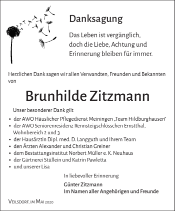 Traueranzeige von Brunhilde Zitzmann von Südthüringer Presse