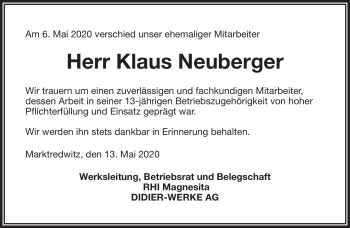Traueranzeige von Klaus Neuberger von Frankenpost