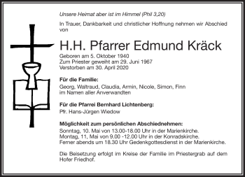 Traueranzeige von Pfarrer Edmund Kräck von Frankenpost