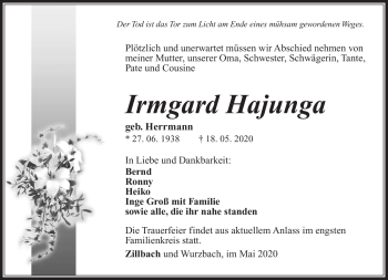 Traueranzeige von Irmgard Hajunga von Südthüringer Presse