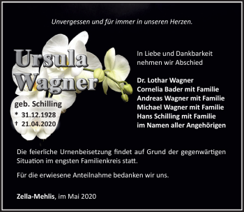 Traueranzeige von Ursula Wagner von Südthüringer Presse