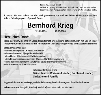 Traueranzeige von Bernhard Krieg von Südthüringer Presse
