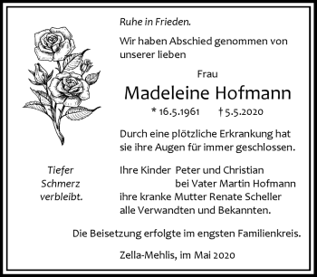 Traueranzeige von Madeleine Hofmann von Südthüringer Presse
