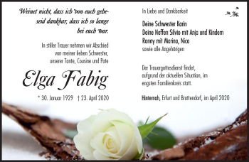 Traueranzeige von Elga Fabig von Südthüringer Presse