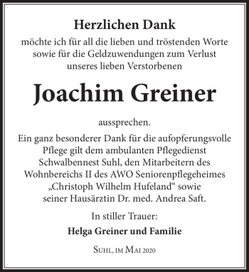 Traueranzeige von Joachim Greiner von Südthüringer Presse