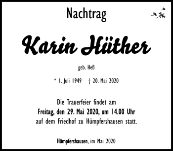Traueranzeige von Karin Hüther von Südthüringer Presse