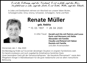Traueranzeige von Renate Müller von Neue Presse Coburg