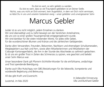 Traueranzeige von Marcus Gebler von Neue Presse Coburg