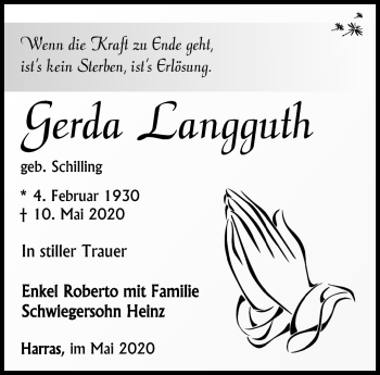 Traueranzeige von Gerda Langguth von Südthüringer Presse