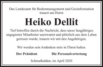 Traueranzeige von Heiko Dellit von Südthüringer Presse