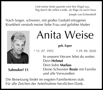 Traueranzeige von Anita Weise von Neue Presse Coburg