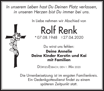 Traueranzeige von Rolf Renk von Neue Presse Coburg