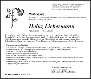 Traueranzeige von Heinz Liebermann von Südthüringer Presse