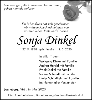 Traueranzeige von Sonja Dinkel von Südthüringer Presse
