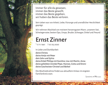 Traueranzeige von Ernst Zinner von Südthüringer Presse