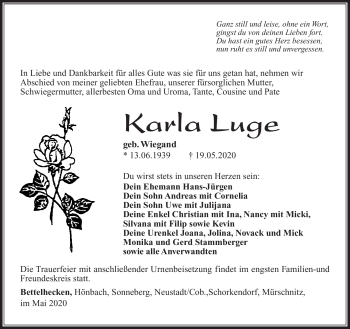Traueranzeige von Karla Luge von Südthüringer Presse