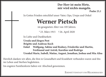 Traueranzeige von Werner Pietsch von Südthüringer Presse
