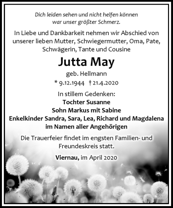 Traueranzeige von Jutta May von Südthüringer Presse