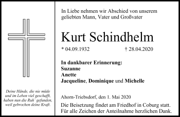 Traueranzeige von Kurt Schindhelm von Neue Presse Coburg