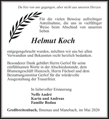 Traueranzeige von Helmut Koch von Südthüringer Presse