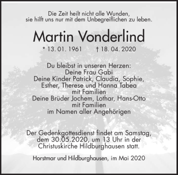 Traueranzeige von Martin Vonderlind von Südthüringer Presse