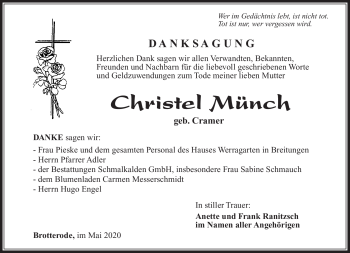 Traueranzeige von Christel Münch von Südthüringer Presse