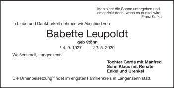 Traueranzeige von Babette Leupoldt von Frankenpost