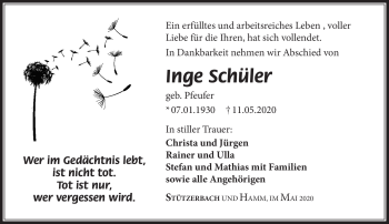 Traueranzeige von Inge Schüler von Südthüringer Presse