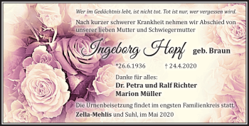 Traueranzeige von Ingeborg Hopf von Südthüringer Presse
