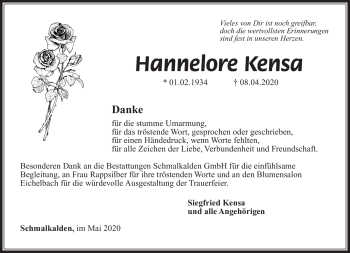 Traueranzeige von Hanelore Kensa von Südthüringer Presse