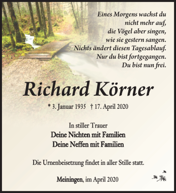 Traueranzeige von Richard körner von Südthüringer Presse