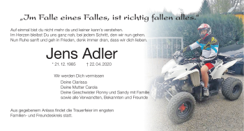 Traueranzeige von Jens Adler von Südthüringer Presse