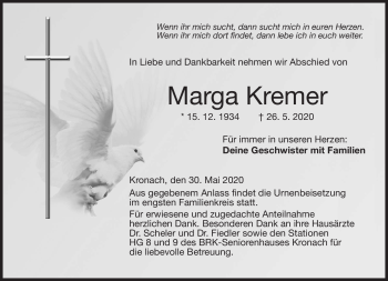Traueranzeige von Marga Kremer von Neue Presse Coburg