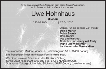 Traueranzeige von Uwe Hohnhaus von Neue Presse Coburg