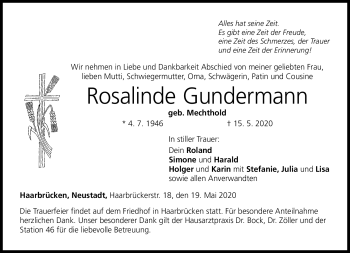 Traueranzeige von Rosalinde Gundermann von Neue Presse Coburg