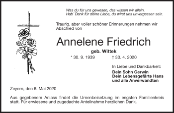 Traueranzeige von Annelene Friedrich von Neue Presse Coburg