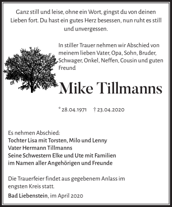 Traueranzeige von Mike Tillmanns von Südthüringer Presse