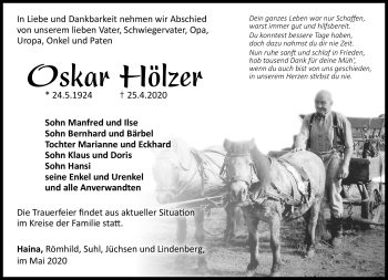 Traueranzeige von Oskar Hölzer von Südthüringer Presse