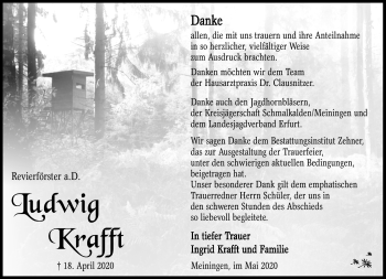 Traueranzeige von Ludwig Krafft von Südthüringer Presse