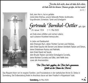 Traueranzeige von Gertraud Barnikol-Oettler von Südthüringer Presse