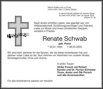 Traueranzeige von Renate Schwab von Frankenpost