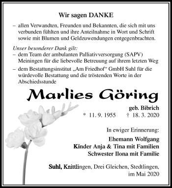 Traueranzeige von Marlies Göring von Südthüringer Presse