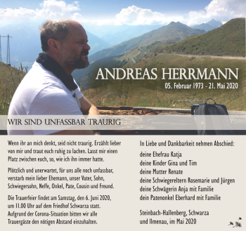 Traueranzeige von Andreas Herrmann von Südthüringer Presse