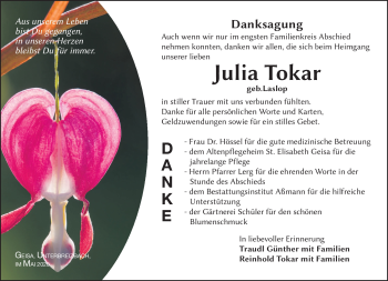 Traueranzeige von Julia Tokar von Südthüringer Presse