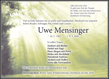 Traueranzeige von Uwe Mensinger von Südthüringer Presse